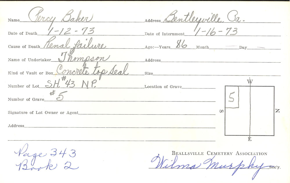 Percy Baker burial card